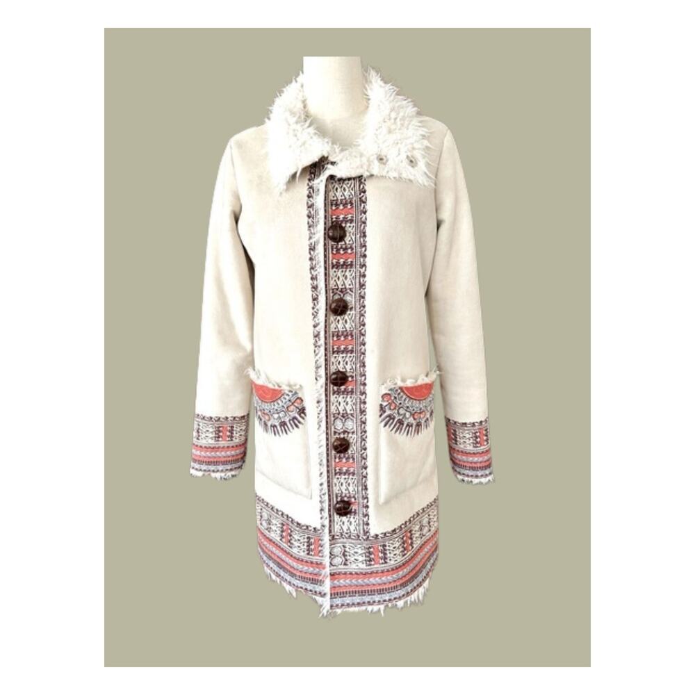 Billabong White Aztec Southwestern Faux Shearling Coat SZ S Indie Hipster Jacket